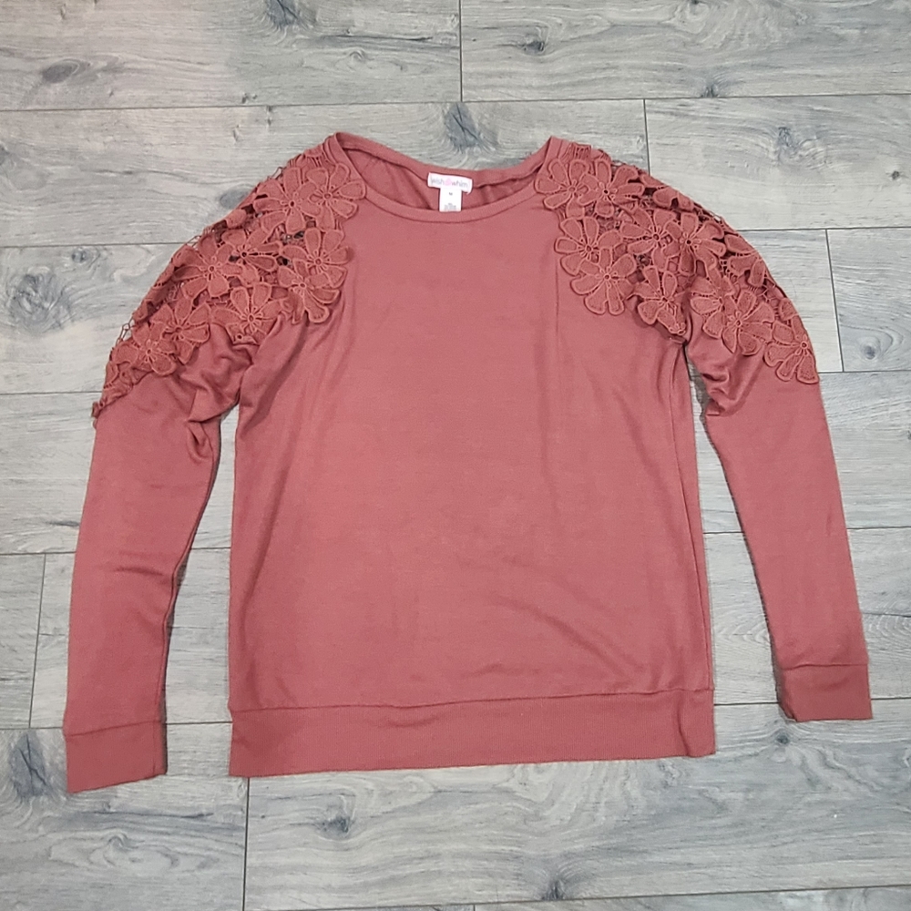 Terracotta Pullover with Floral Sleeve Detail, Size Medium